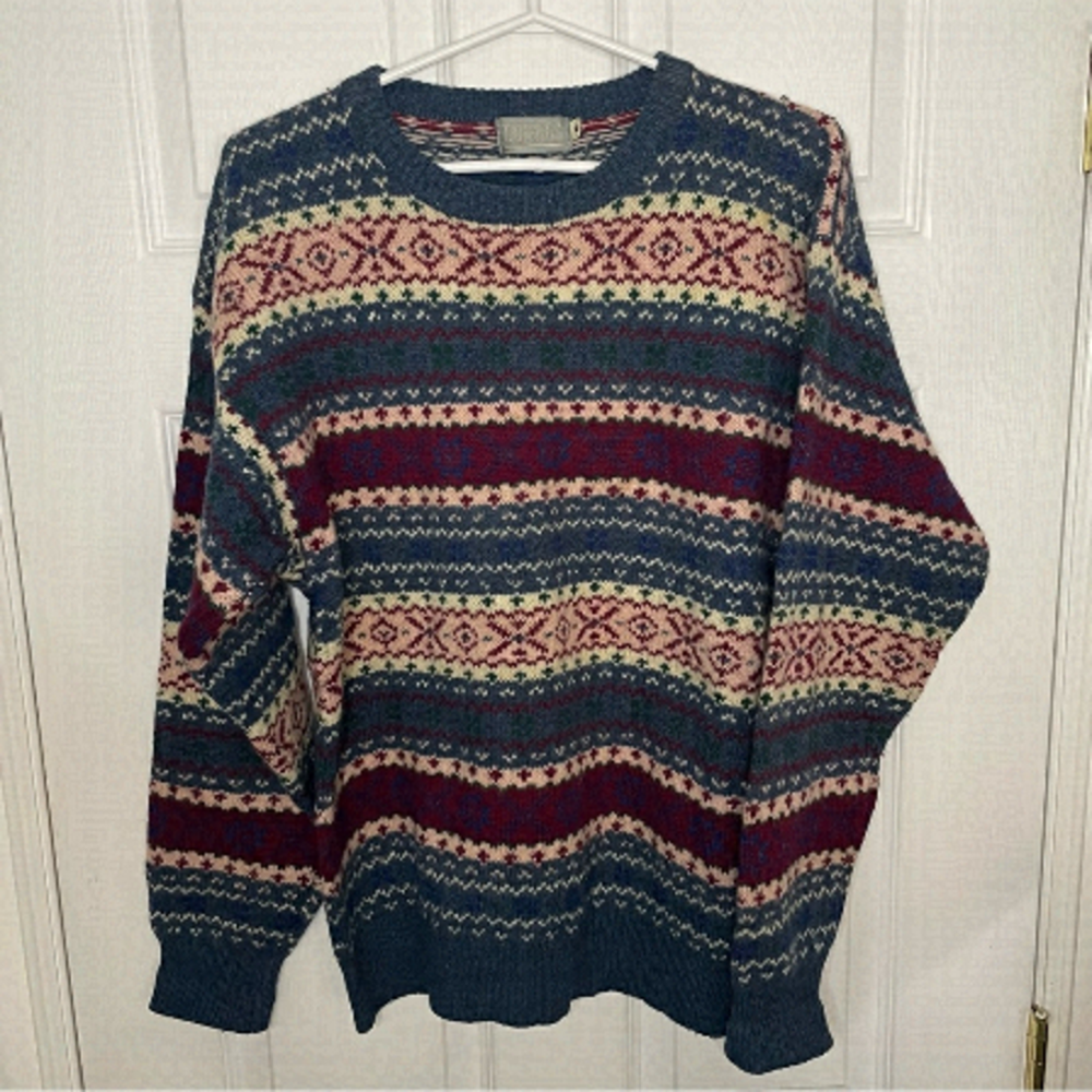 VINTAGE Tangiers Printed 100% Shetland Wool Crewneck Pullover Sweater Medium